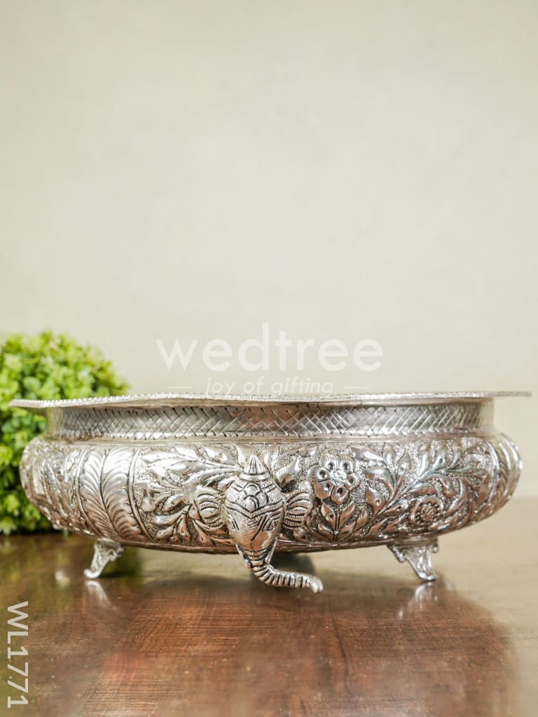 German Silver Antique Elephant Urli wiith Tri-Stand - 14 inch - WL1771