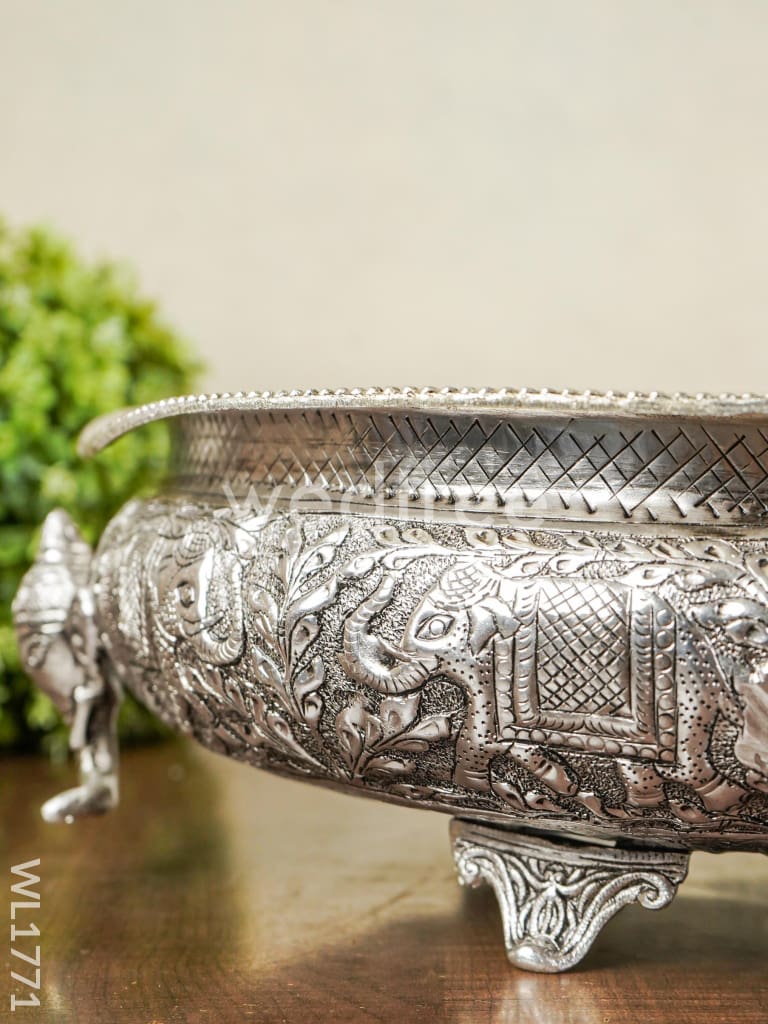 German Silver Antique Elephant Urli wiith Tri-Stand - 14 inch - WL1771