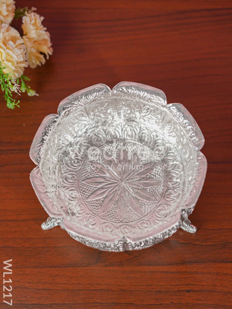German Silver Antique Floral Urli with Elephant Stand - 8.5 inch - WL1217