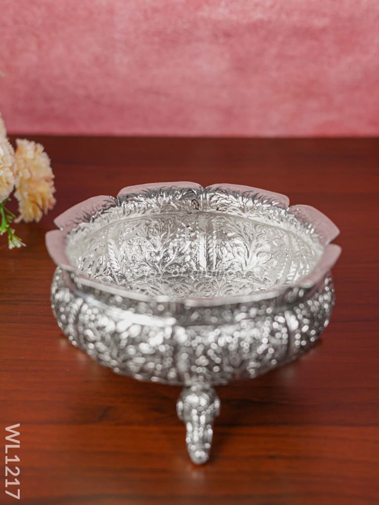 German Silver Antique Floral Urli with Elephant Stand - 8.5 inch - WL1217