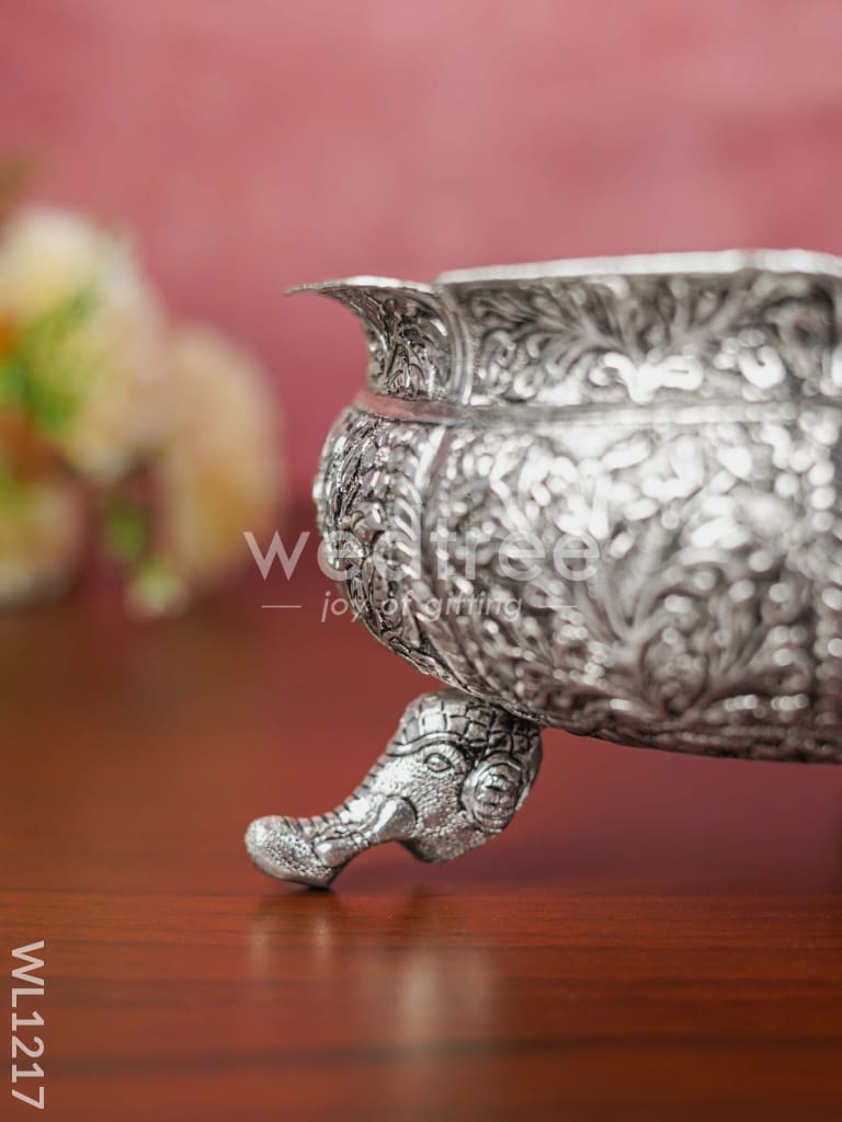 German Silver Antique Floral Urli with Elephant Stand - 8.5 inch - WL1217
