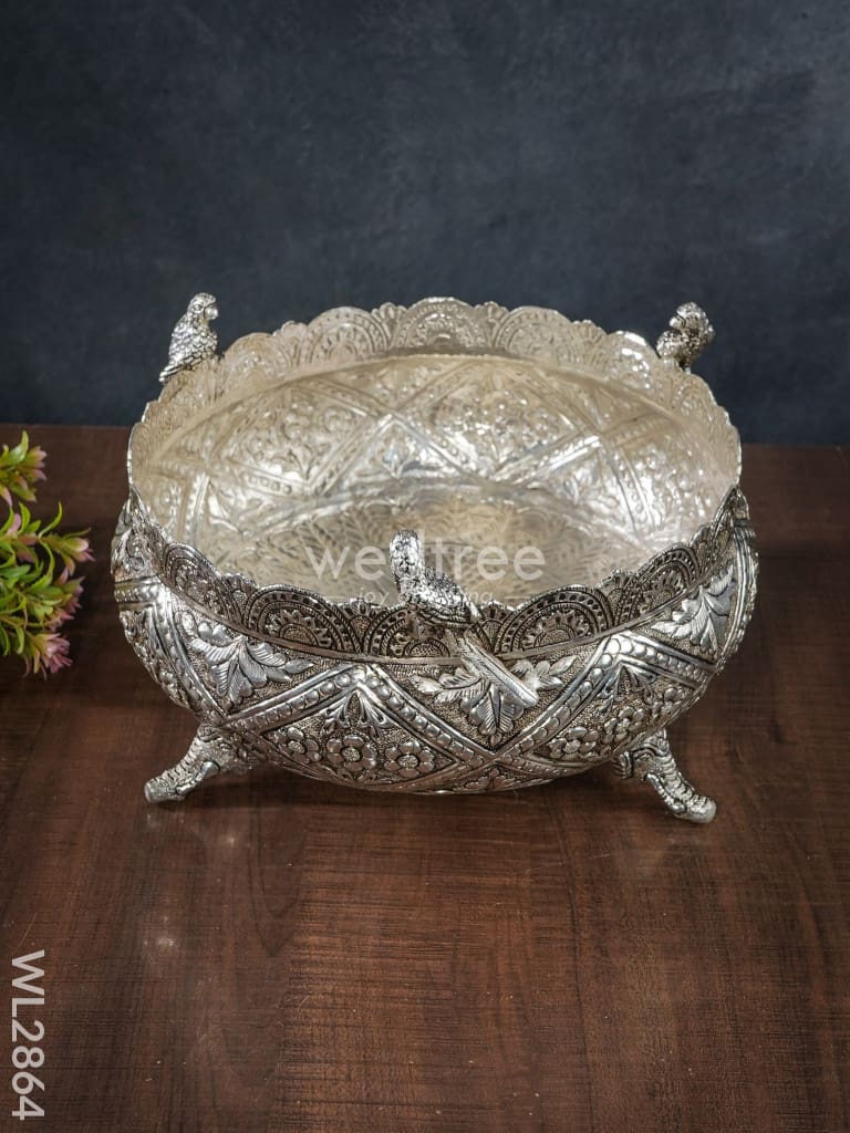 German Silver Antique Floral Urli with Elephant Stand - 9 inch - WL2864
