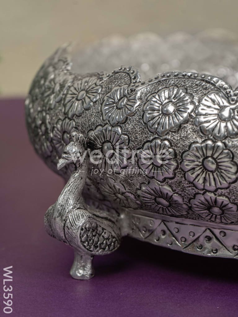 German Silver Antique Floral Urli with Peacock Stand - 11 inch - WL3590