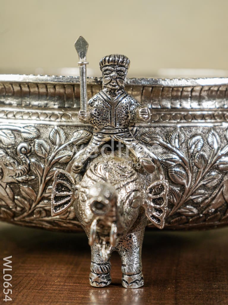 German Silver Antique Urli with Elephant Stand - 14 inch - WL0654