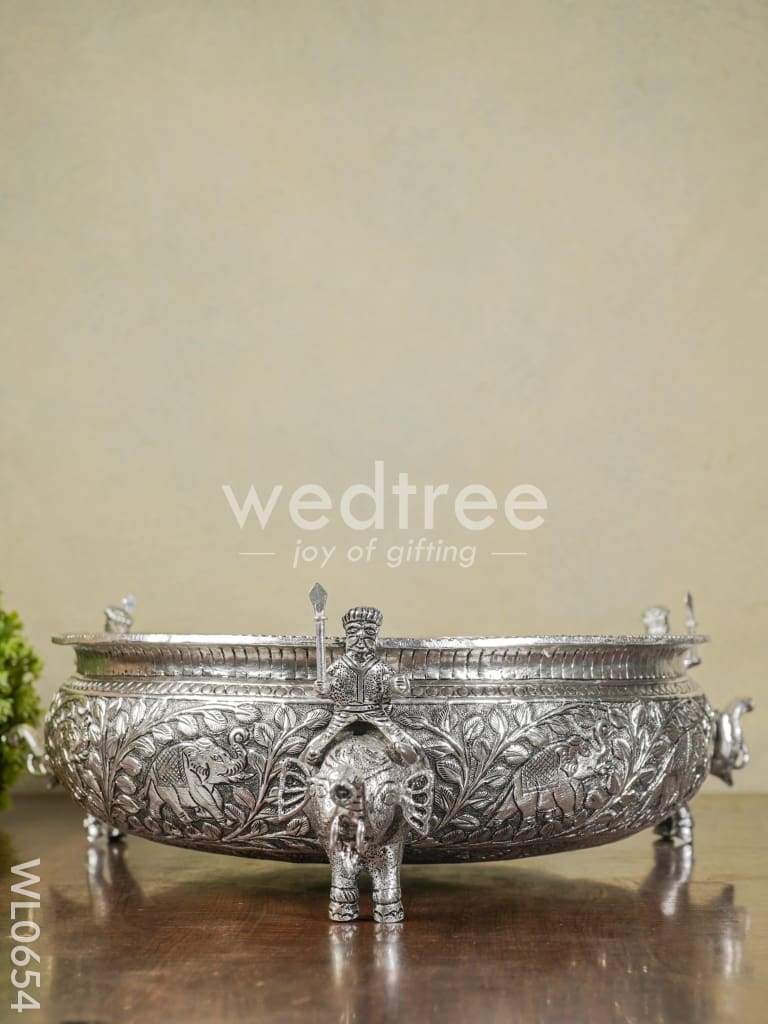 German Silver Antique Urli with Elephant Stand - 14 inch - WL0654