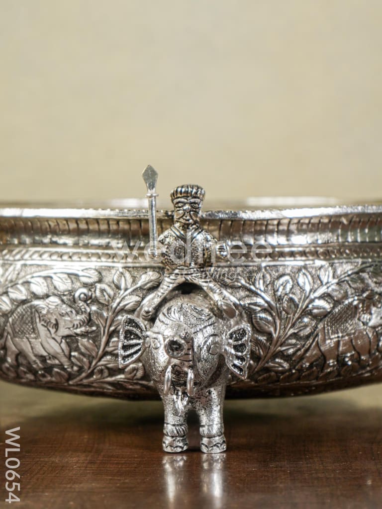 German Silver Antique Urli with Elephant Stand - 14 inch - WL0654