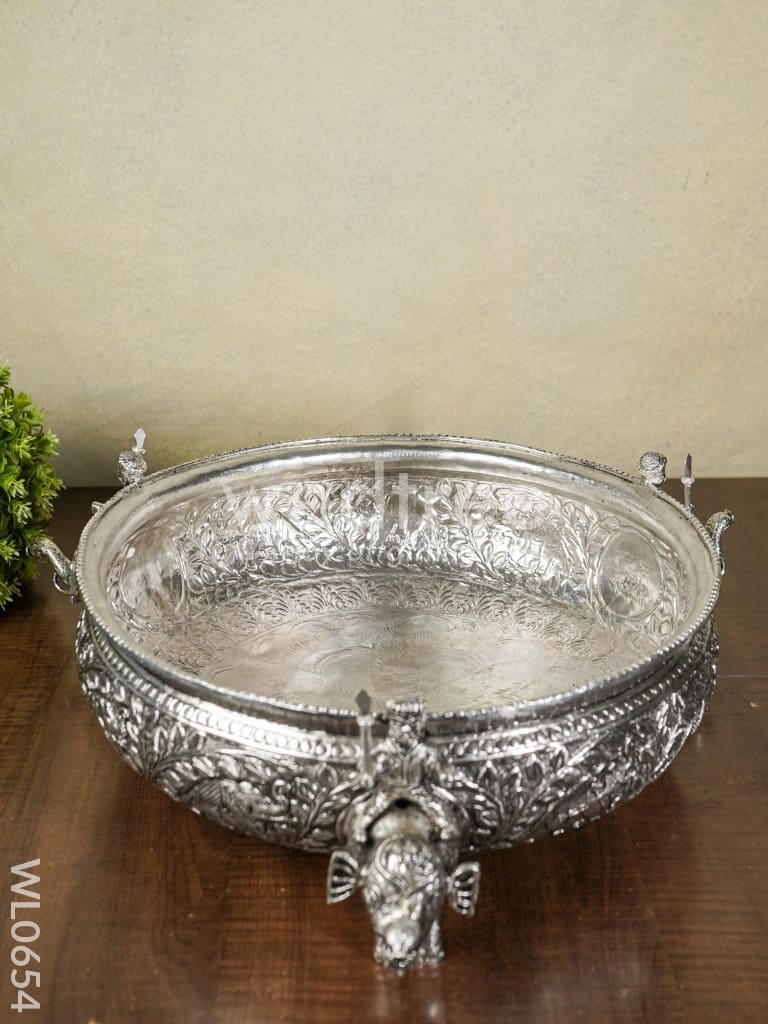 German Silver Antique Urli with Elephant Stand - 14 inch - WL0654