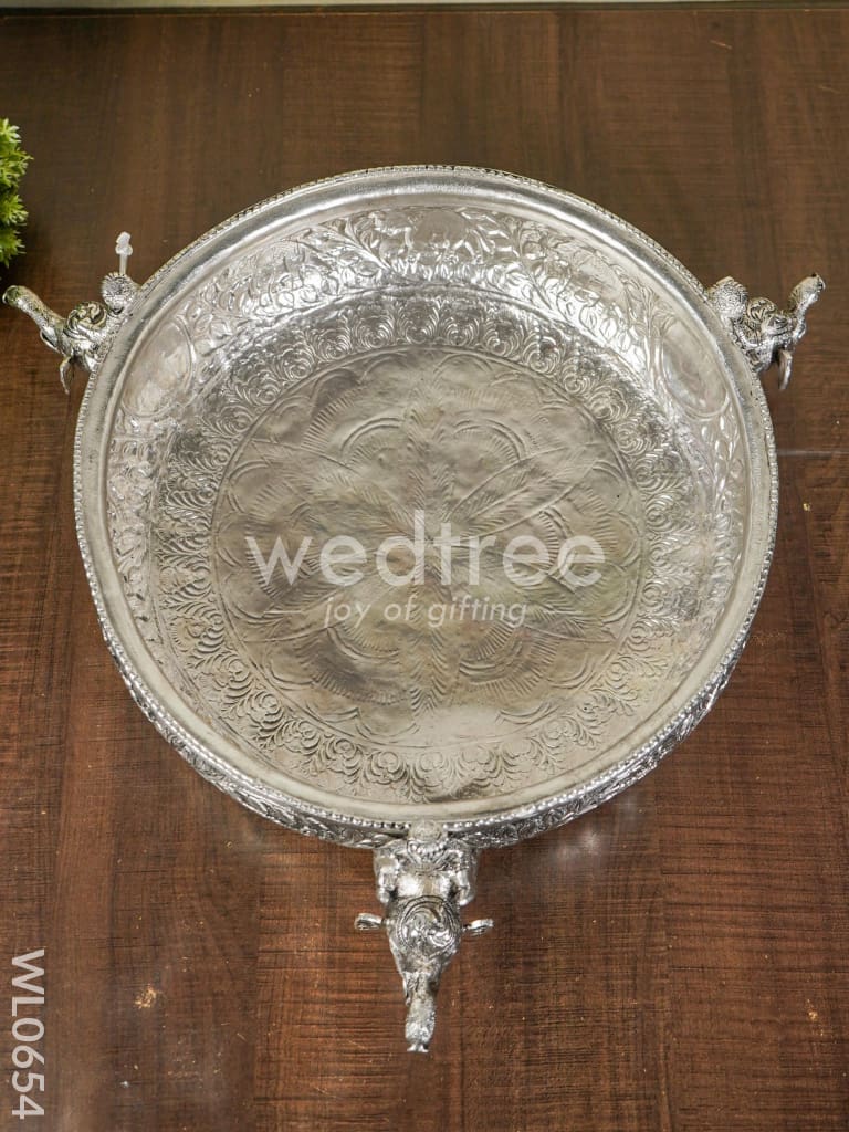 German Silver Antique Urli with Elephant Stand - 14 inch - WL0654