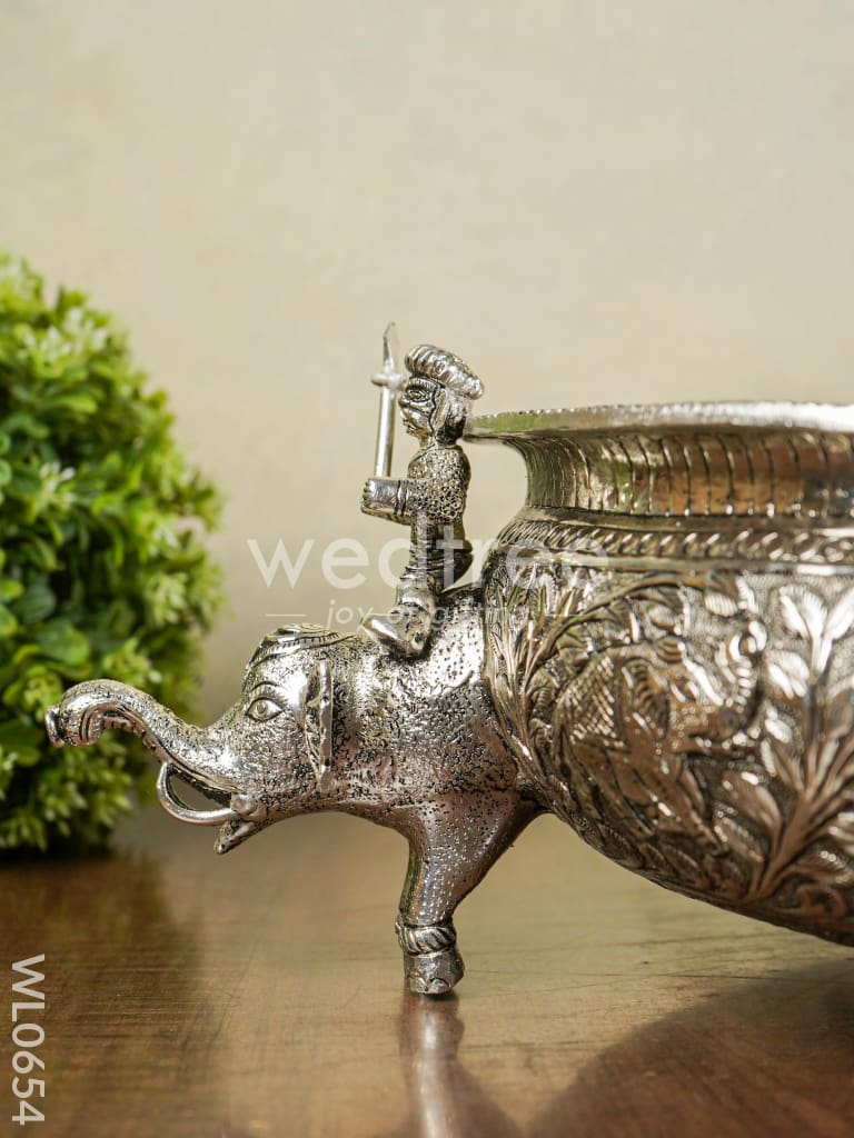 German Silver Antique Urli with Elephant Stand - 14 inch - WL0654