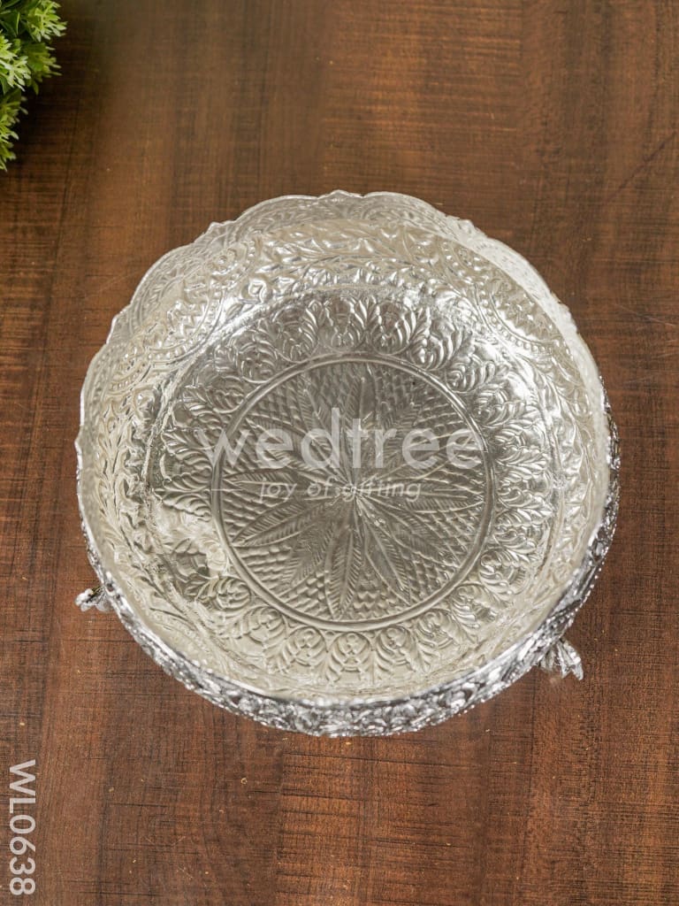German Silver Antique Urli with Peacock Stand - 8 inch - WL0638