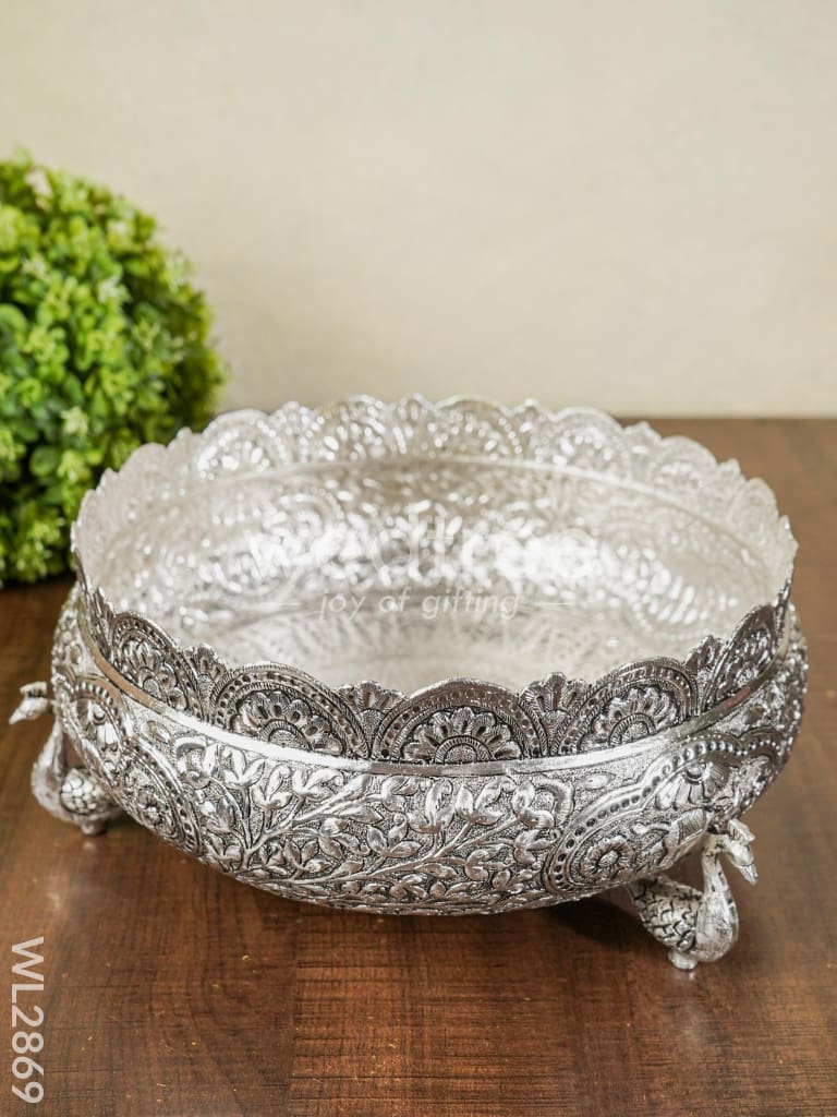 German Silver Antique Urli with Peacock Stand - 9.5 inch - WL2869