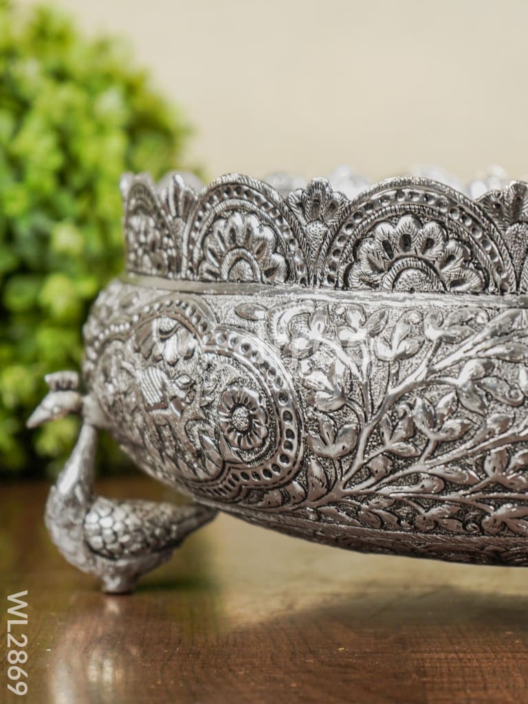 German Silver Antique Urli with Peacock Stand - 9.5 inch - WL2869