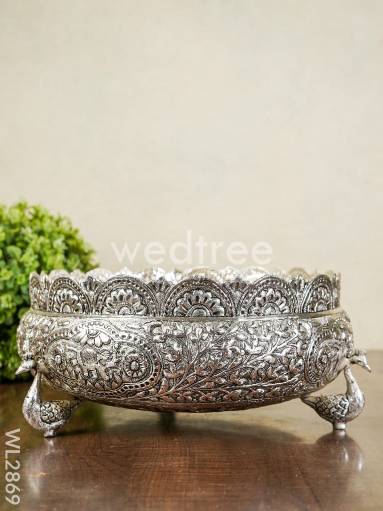 German Silver Antique Urli with Peacock Stand - 9.5 inch - WL2869