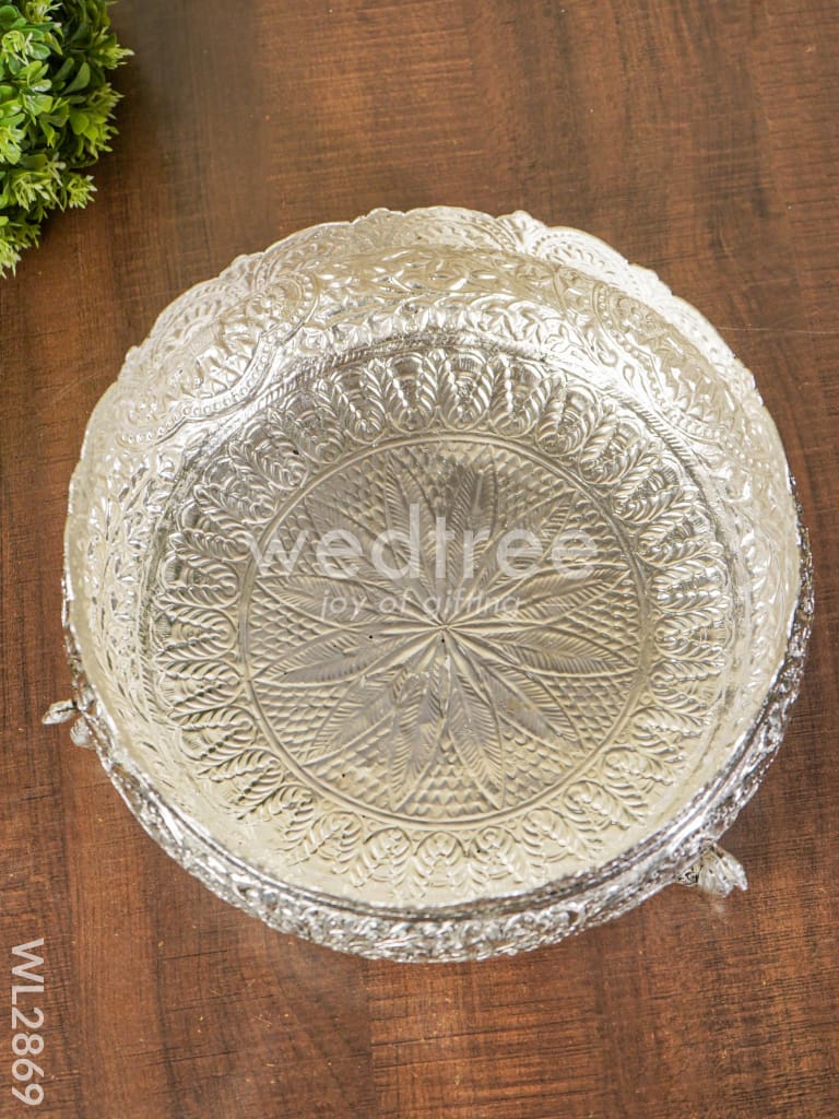German Silver Antique Urli with Peacock Stand - 9.5 inch - WL2869