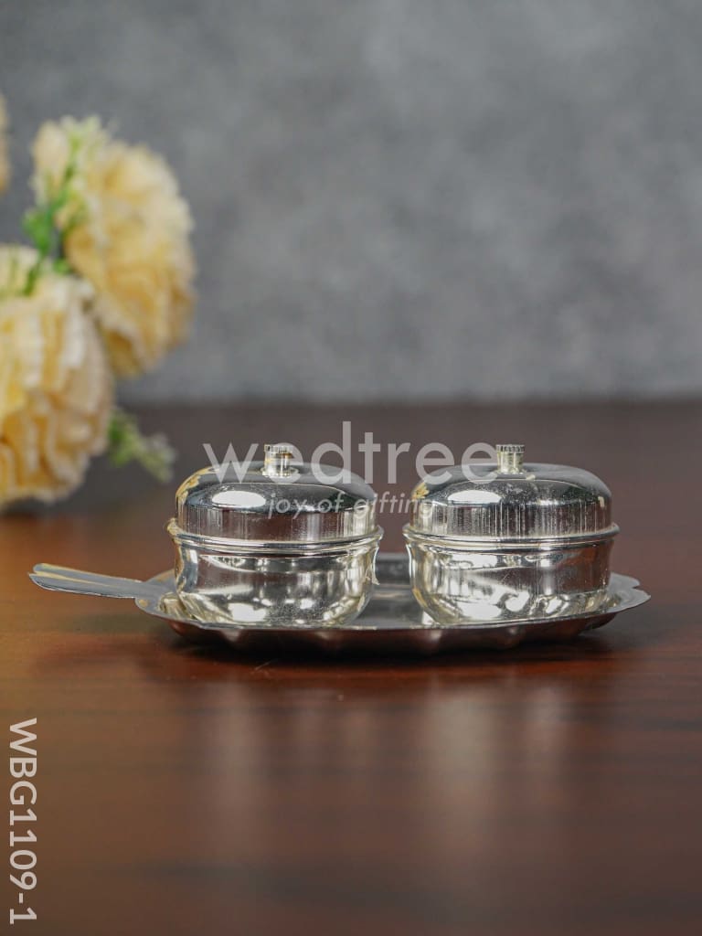 German Silver Apple Shaped Haldi/Kumkum Holder with 2 Cups - WBG1109-1