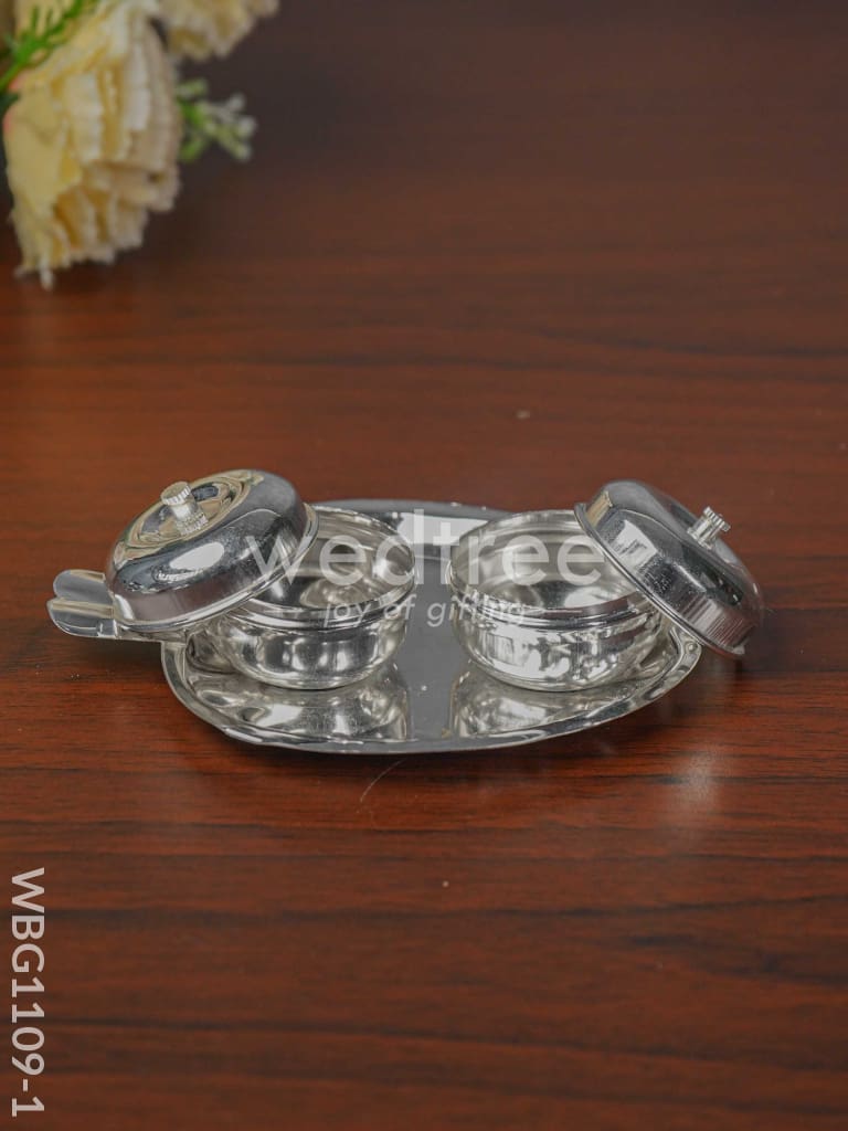 German Silver Apple Shaped Haldi/Kumkum Holder with 2 Cups - WBG1109-1