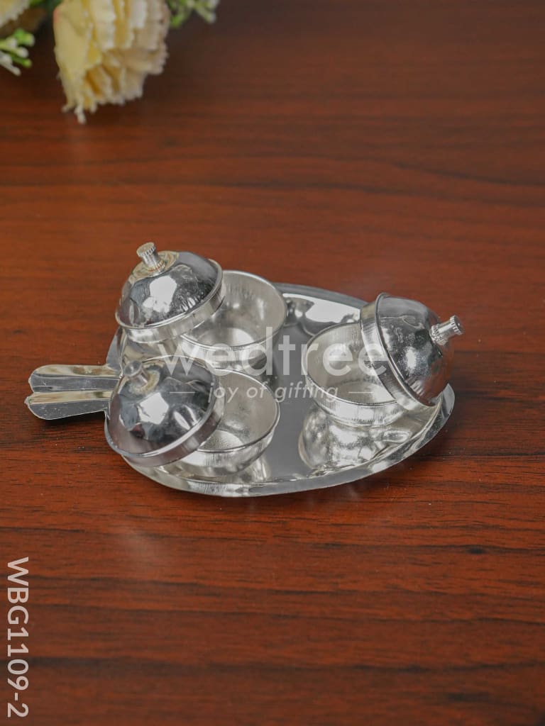 German Silver Apple Shaped Haldi/Kumkum Holder with 3 Cups - WBG1109-2