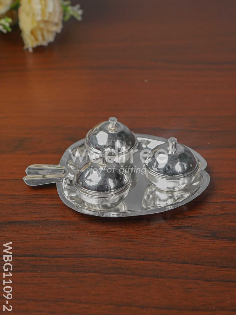 German Silver Apple Shaped Haldi/Kumkum Holder with 3 Cups - WBG1109-2