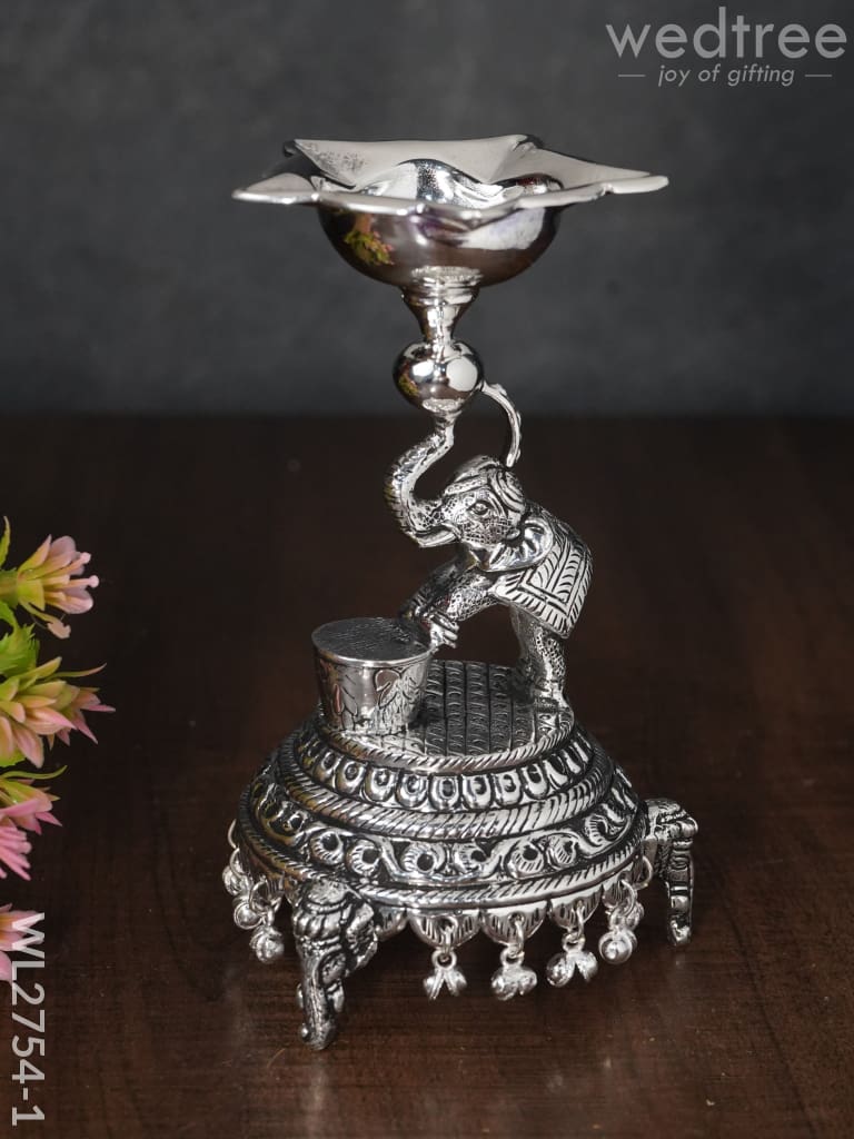 German Silver Decorative Elephant 5 Face Diya with Bells - WL2754-1