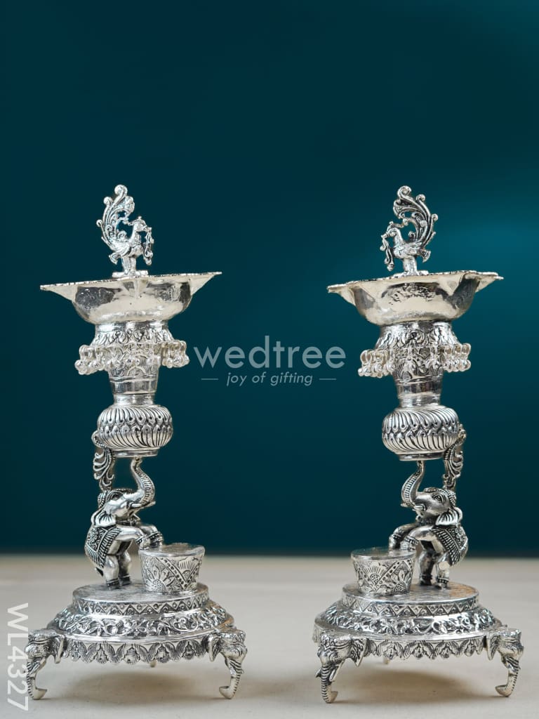German Silver Elephant Peacock Kuthu Vilaku - 14 inch - WL4327
