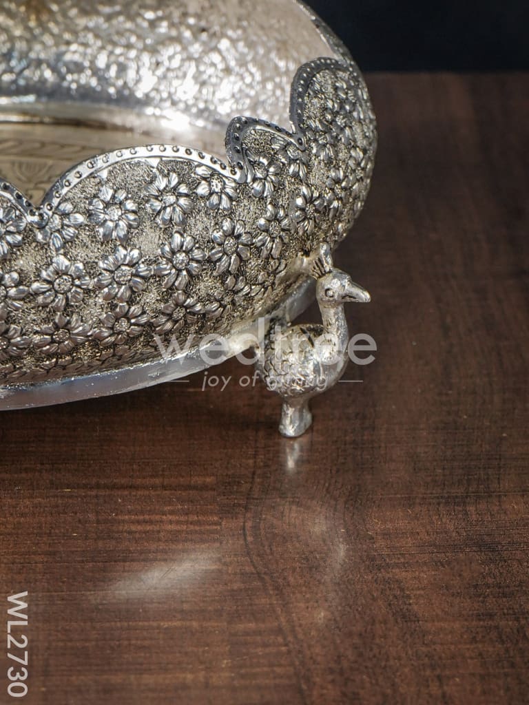 German Silver Peacock Stand Urli - 7.5 inch - WL2730