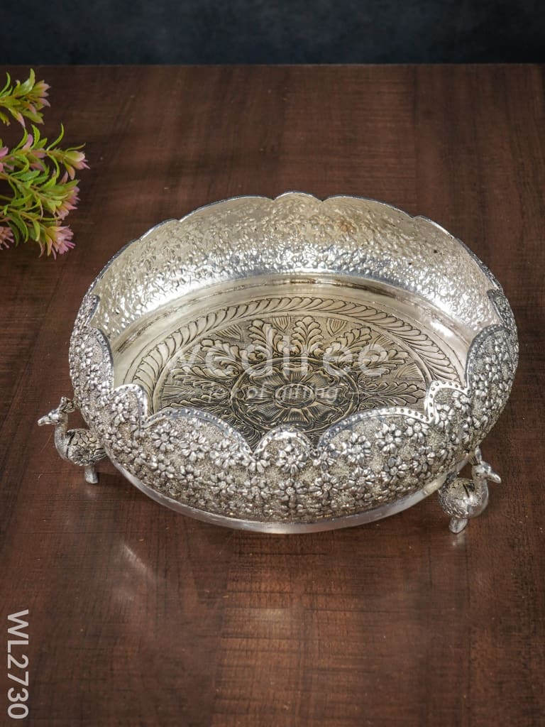 German Silver Peacock Stand Urli - 7.5 inch - WL2730