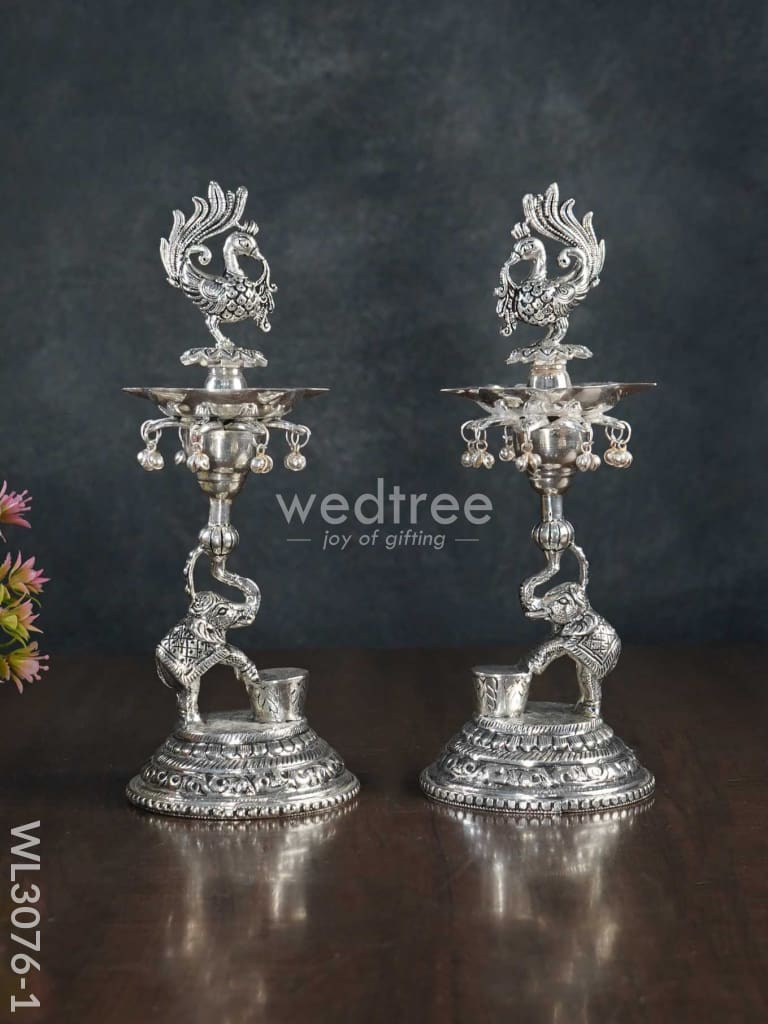 German Silver Peacock with Elephant 5 Face Diya - Set of 2 - WL3076