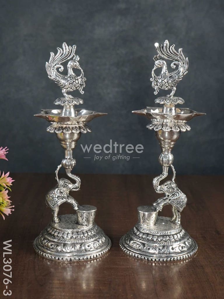 German Silver Peacock with Elephant 5 Face Diya - Set of 2 - WL3076