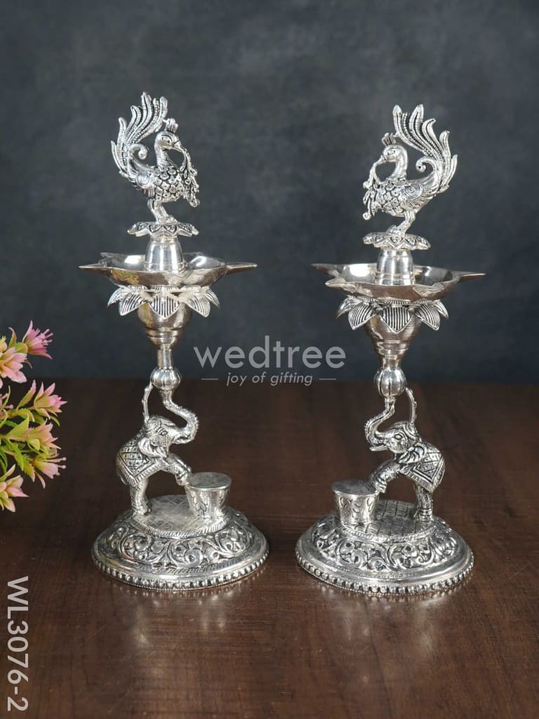 German Silver Peacock with Elephant 5 Face Diya - Set of 2 - WL3076