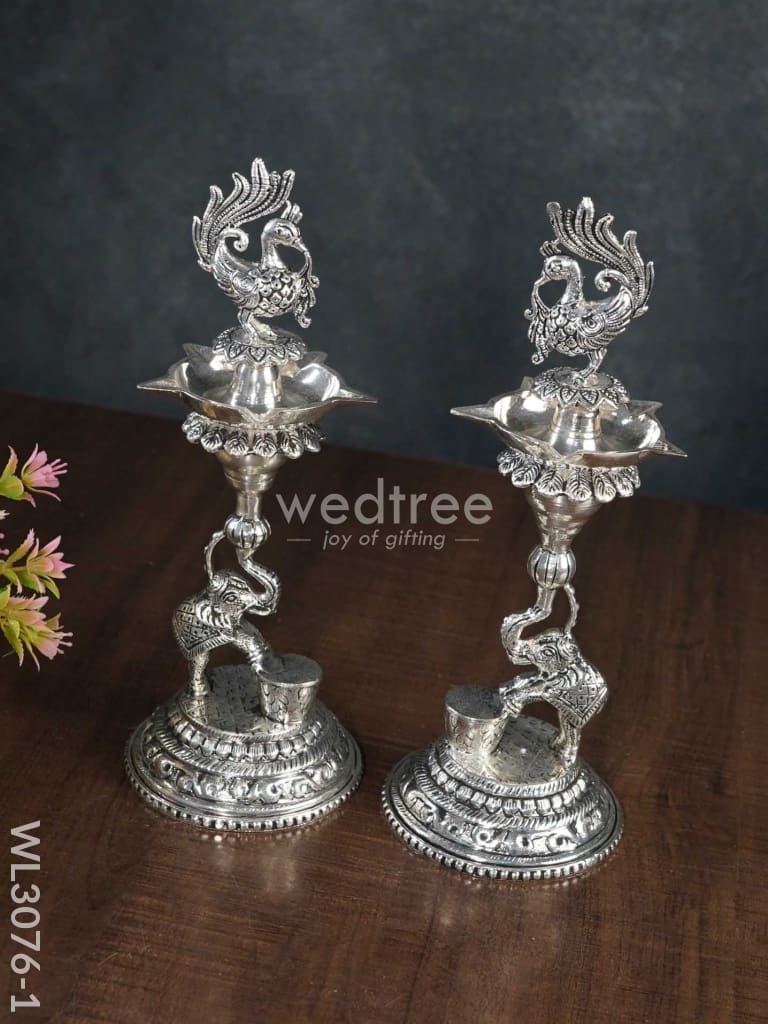 German Silver Peacock with Elephant 5 Face Diya - Set of 2 - WL3076