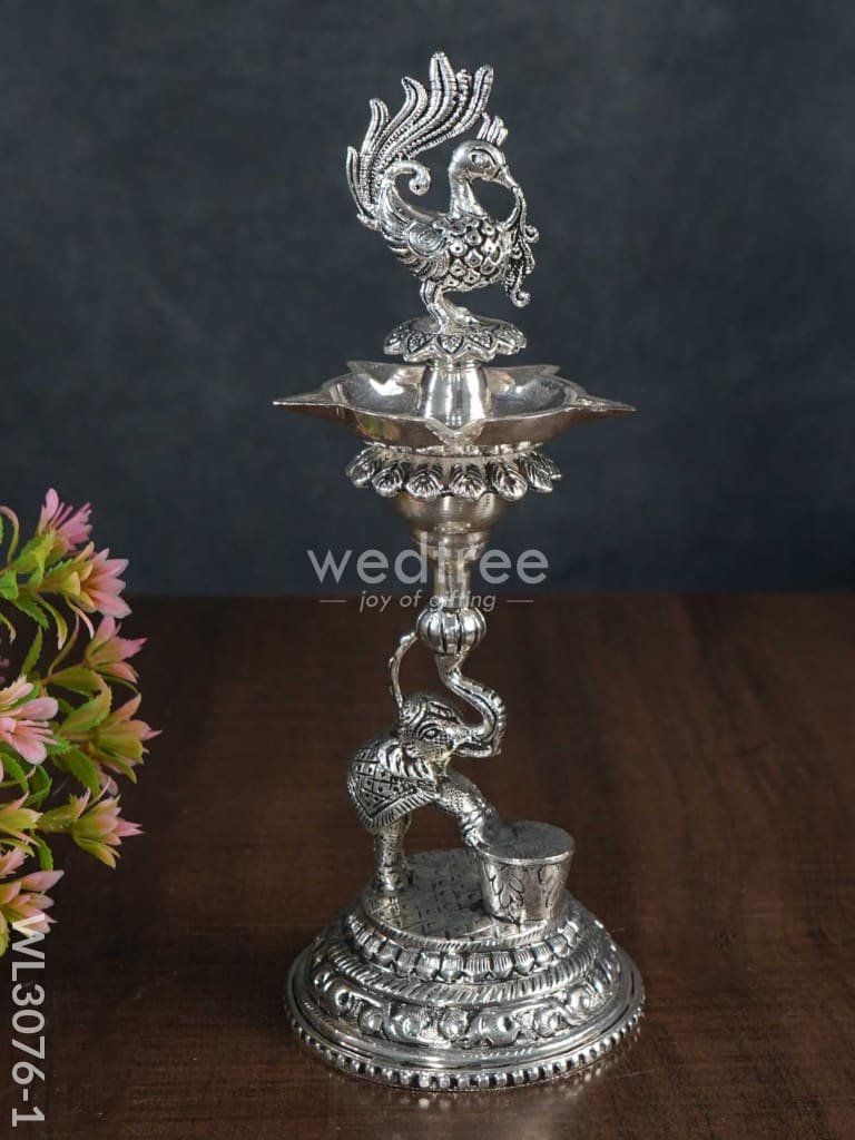 German Silver Peacock with Elephant 5 Face Diya - Set of 2 - WL3076