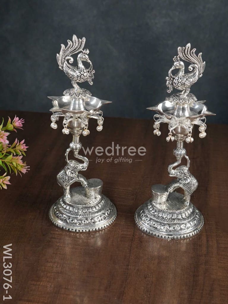 German Silver Peacock with Elephant 5 Face Diya - Set of 2 - WL3076
