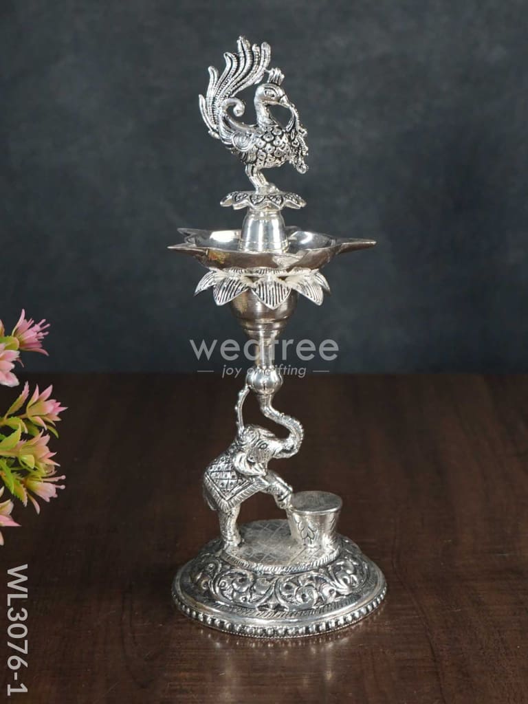 German Silver Peacock with Elephant 5 Face Diya - Set of 2 - WL3076