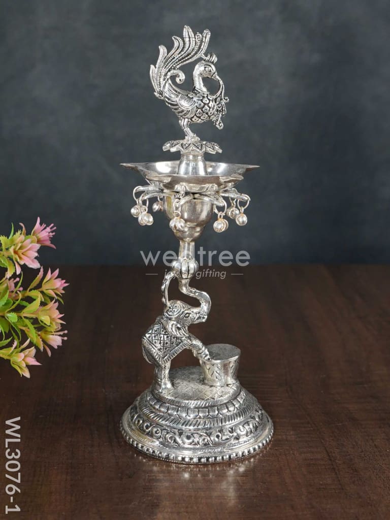 German Silver Peacock with Elephant 5 Face Diya - Set of 2 - WL3076