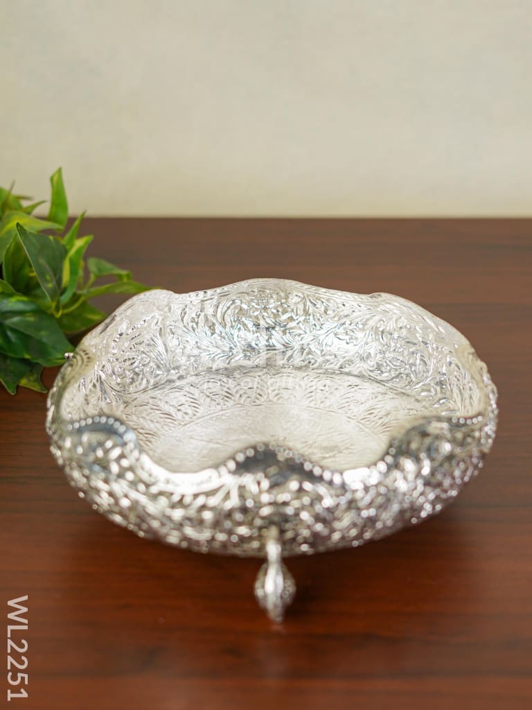 German Silver Urli with Peacock Stand - Antique Finish - 8 inch - WL2251