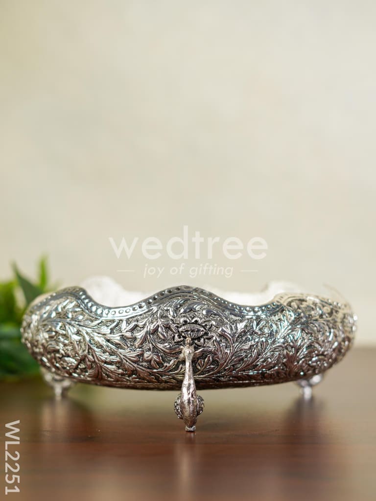 German Silver Urli with Peacock Stand - Antique Finish - 8 inch - WL2251