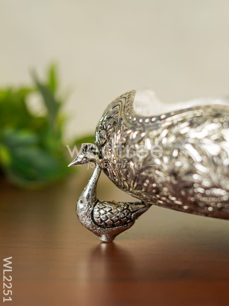 German Silver Urli with Peacock Stand - Antique Finish - 8 inch - WL2251