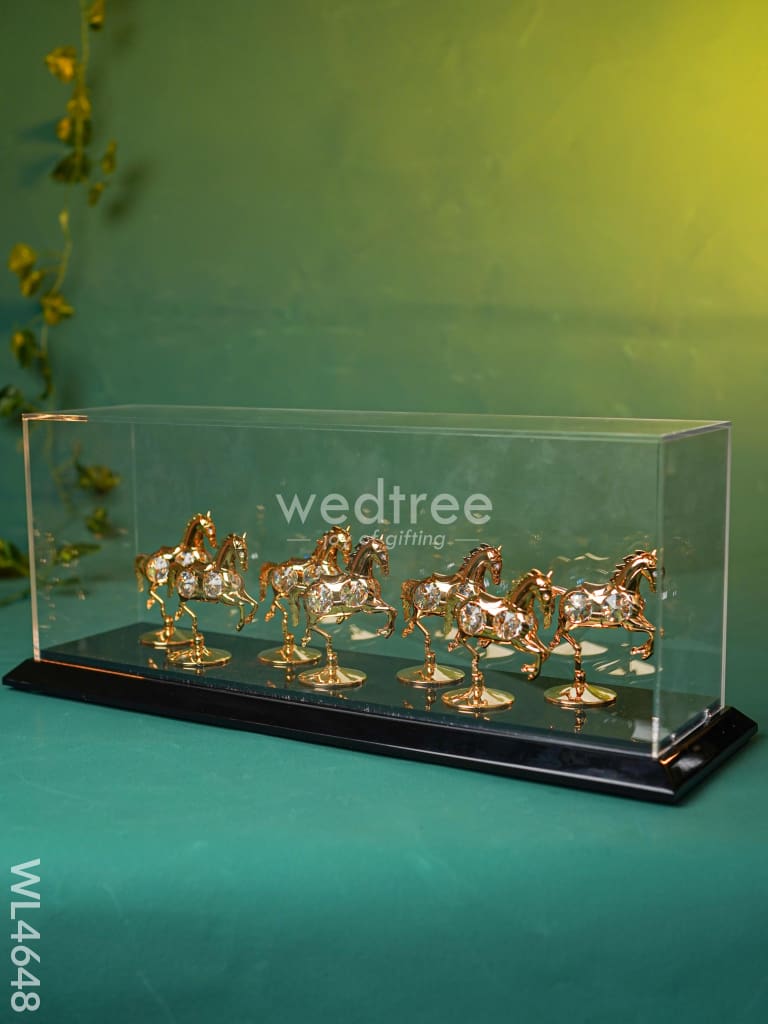 Gold Plated 7 Running Horses with Acrylic Cabinet - WL4648