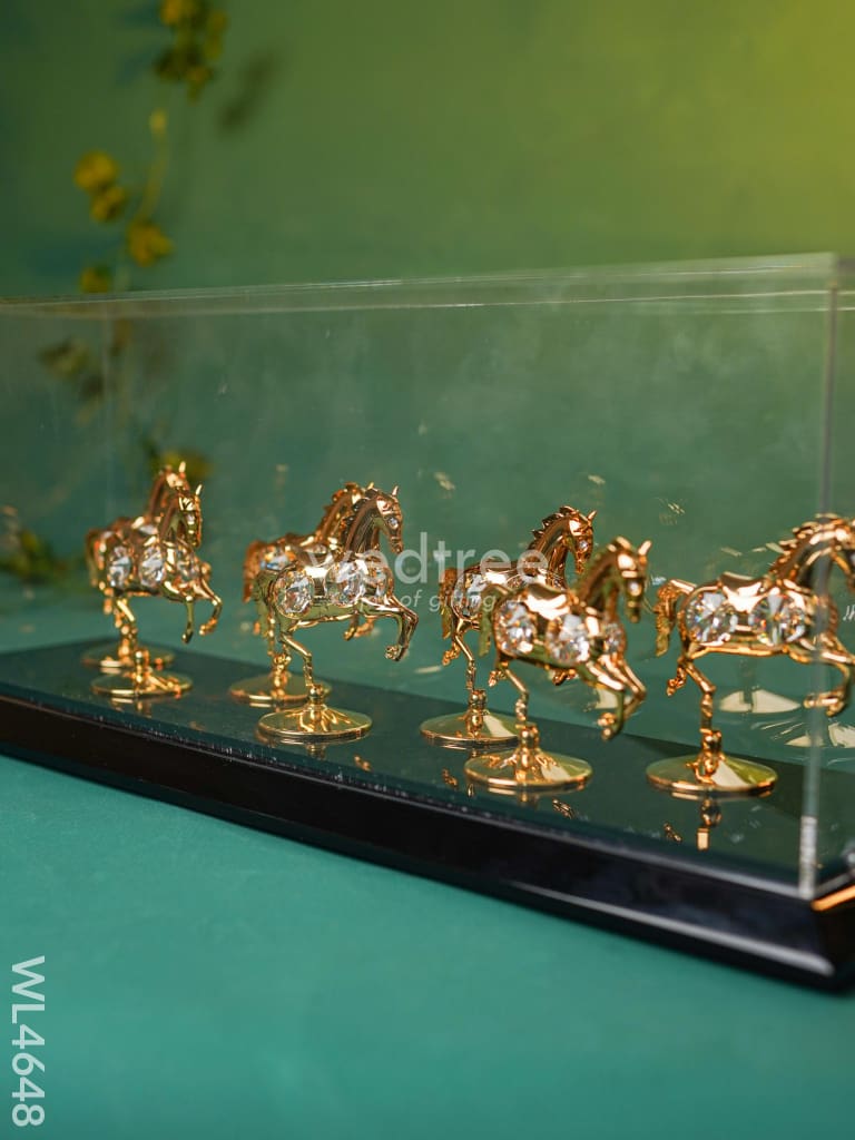 Gold Plated 7 Running Horses with Acrylic Cabinet - WL4648