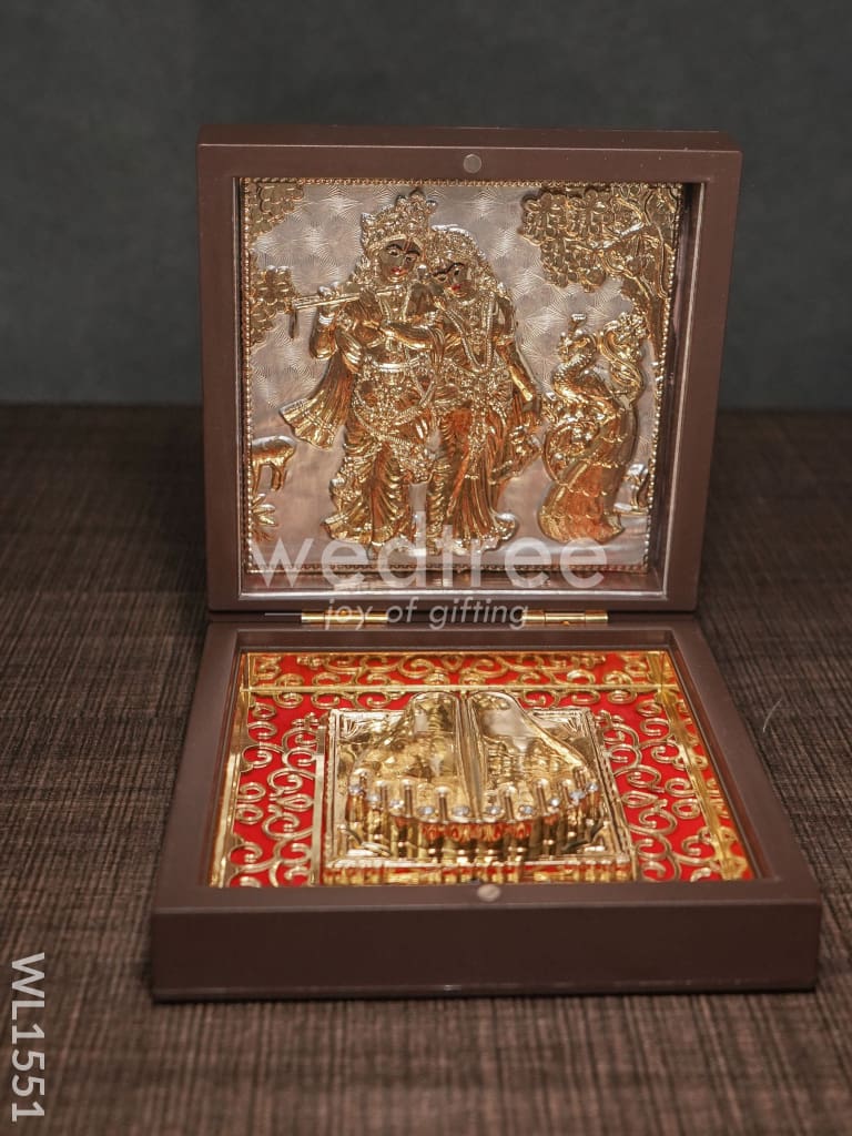Gold Plated Paduka Prayer Box Small -Radhe Krishna with Peacock - WL1551