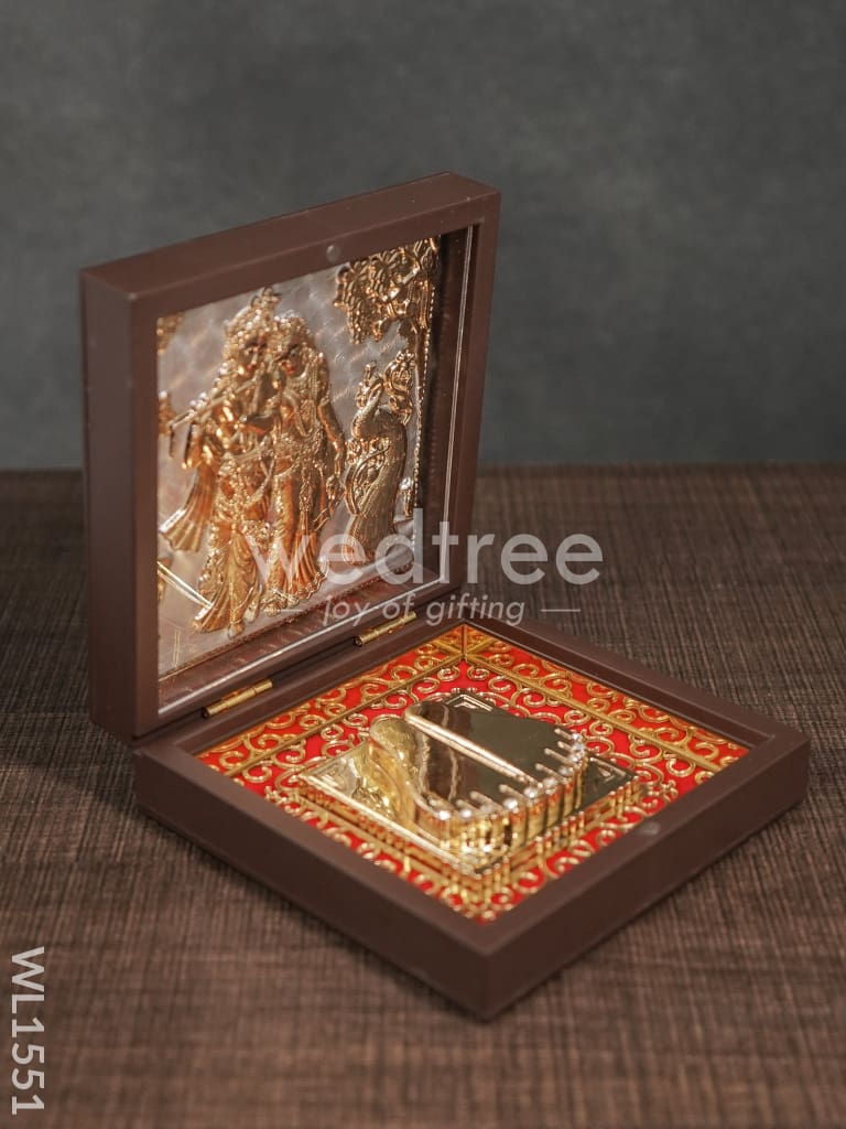 Gold Plated Paduka Prayer Box Small -Radhe Krishna with Peacock - WL1551