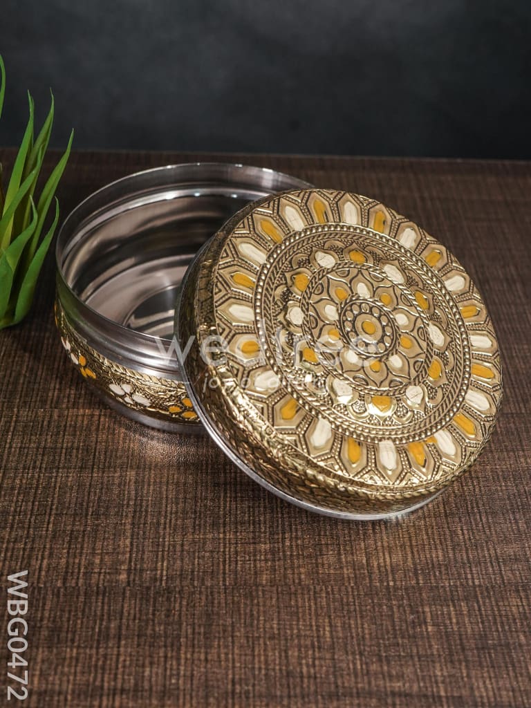 Gold White Oxidised Poori Box - 4 inches - WBG0472