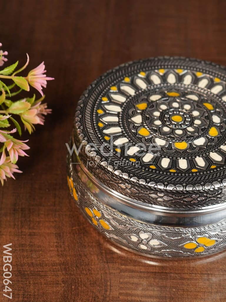 Gold White Oxidised Poori Box - 5 inches - WBG0647