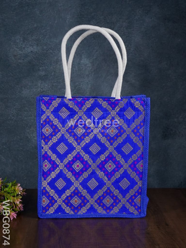 Golden Raw Silk Jute Bag with Brocade Design - 10 inch - WBG0874