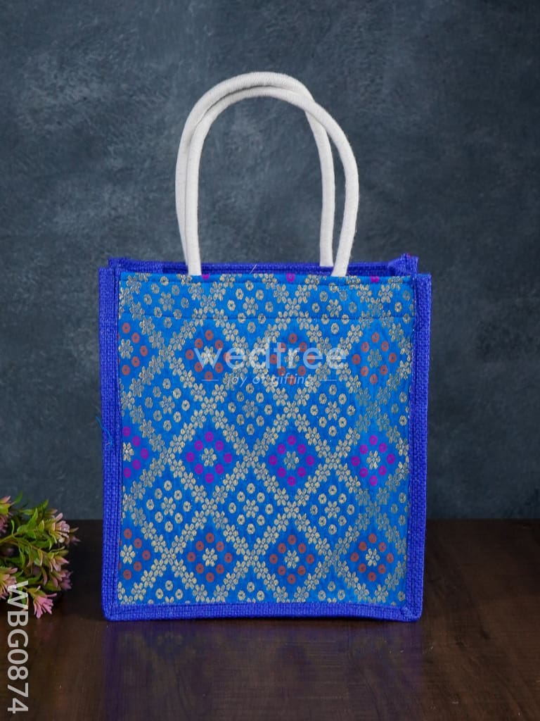 Golden Raw Silk Jute Bag with Brocade Design - 10 inch - WBG0874