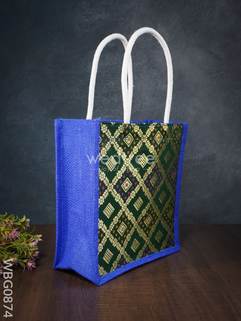 Golden Raw Silk Jute Bag with Brocade Design - 10 inch - WBG0874