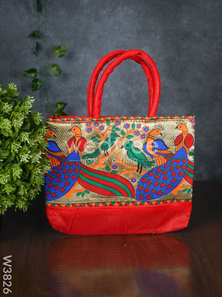 Hand bag raw silk with Peacock design - W3826