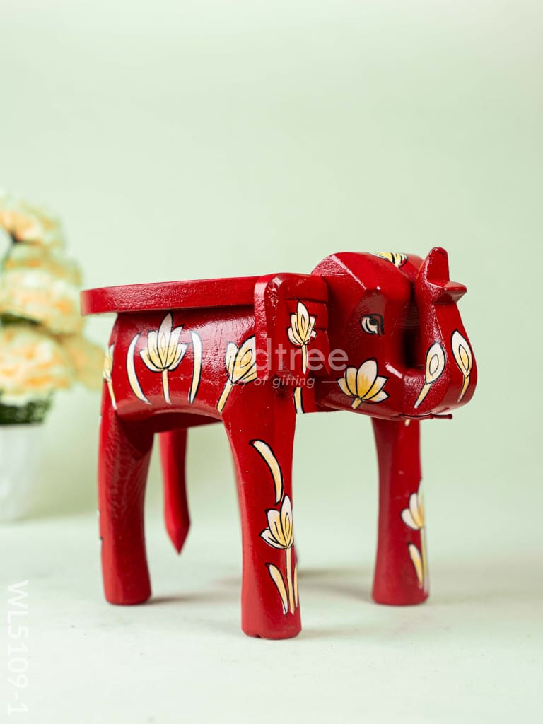 Hand Painted Floral Design Elephant Stool - 8 inch - Red - WL5109-1