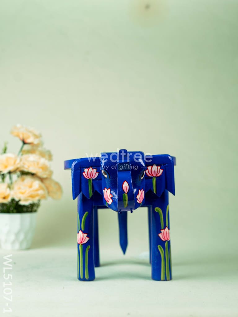Hand Painted Pichwai Elephant Stool - 8 inch - Blue - WL5107-1