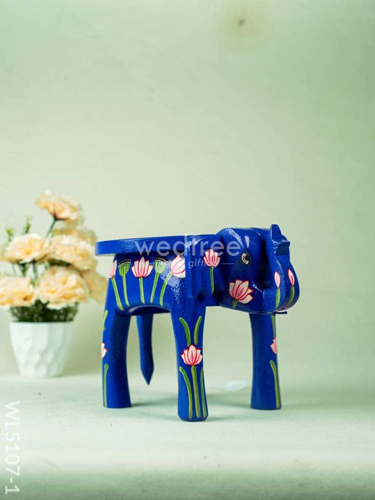 Hand Painted Pichwai Elephant Stool - 8 inch - Blue - WL5107-1